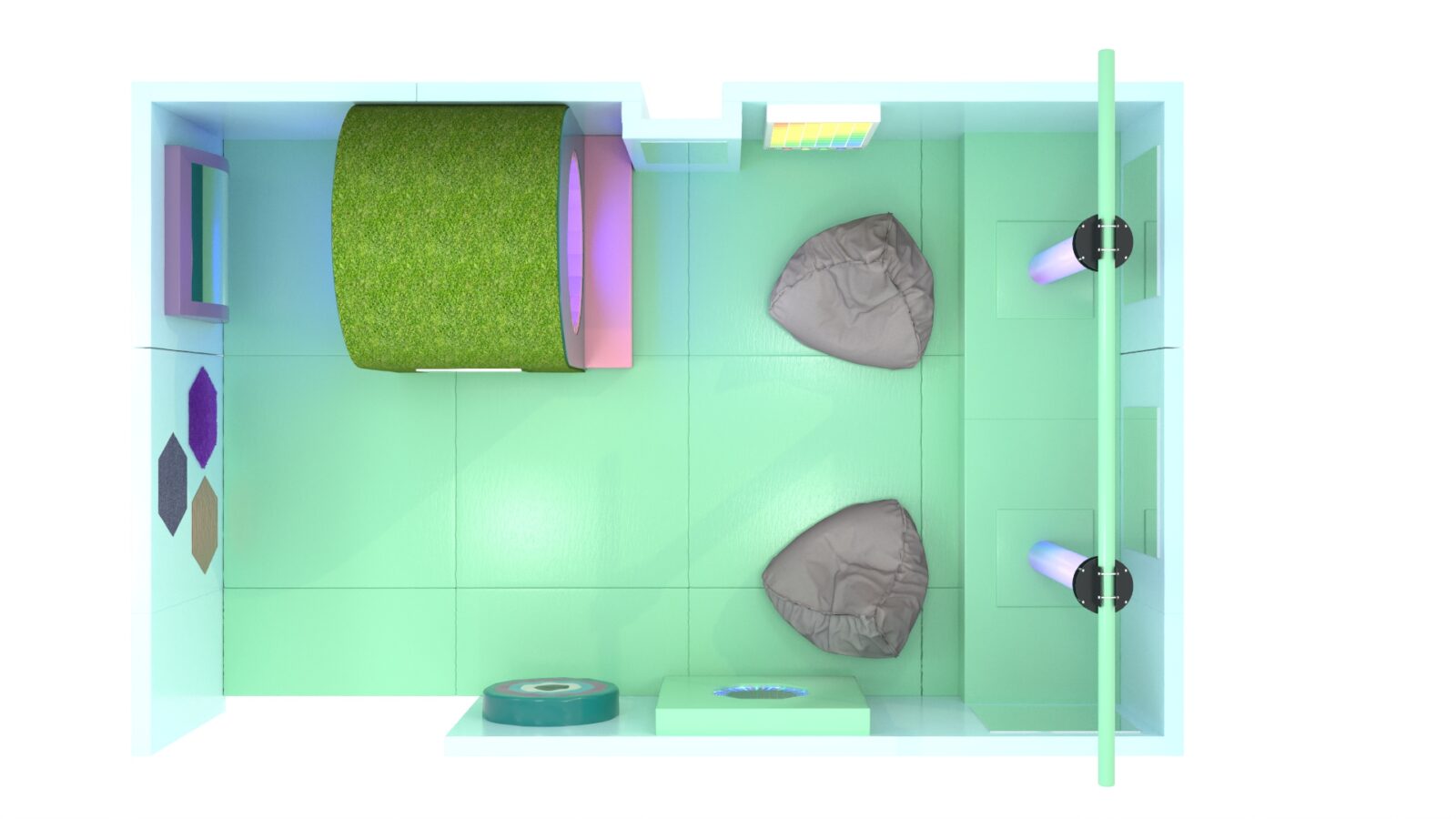 3D Render of the larger sensory rooms at Rushall School's softplay designed by Play Creations Ltd.