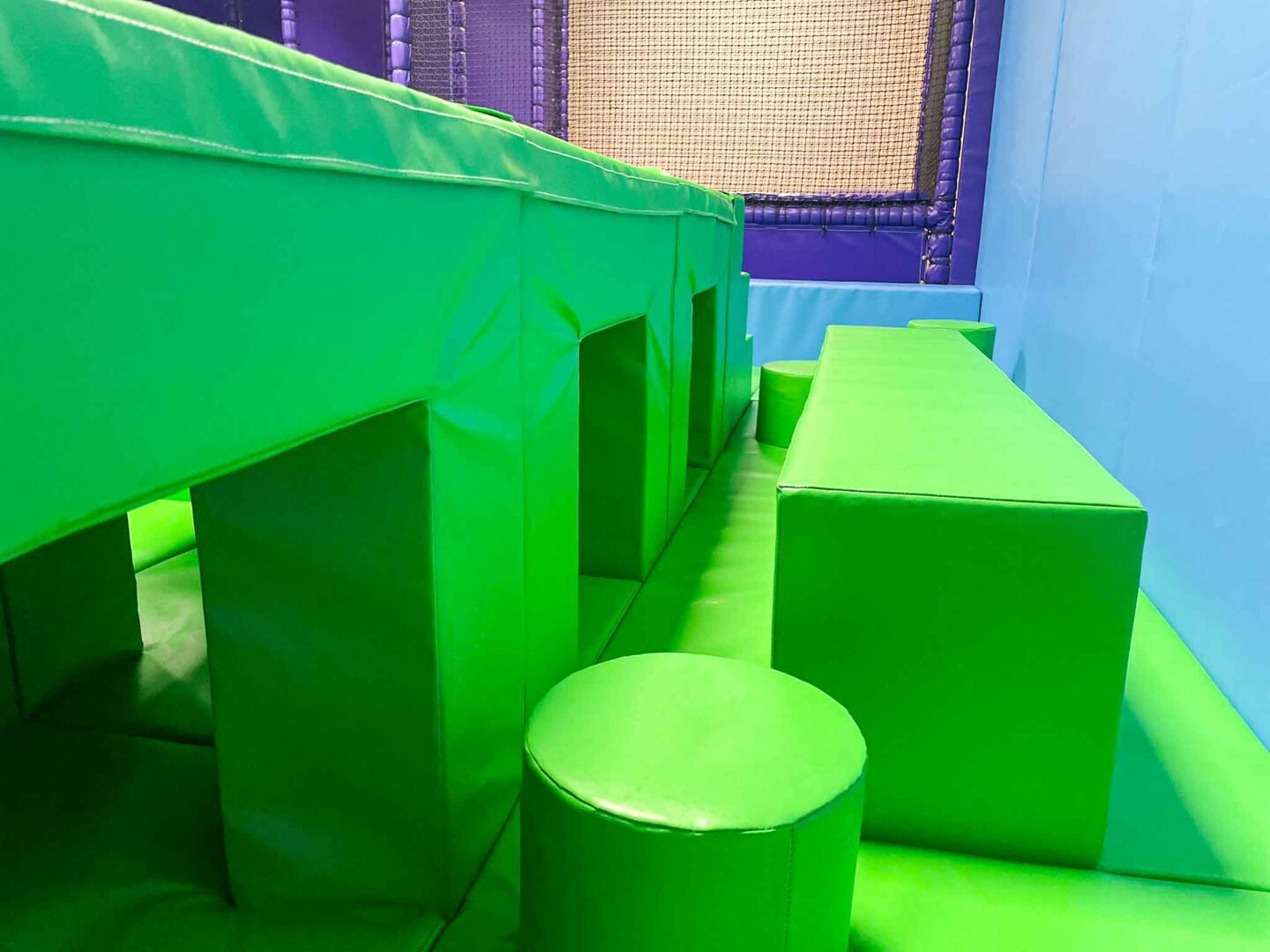 Close up of the movement area green blocks, including the stepping stones and balance beams. These are at St Giles School's movement area designed by Play Creations.