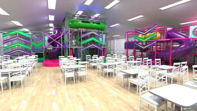 This is a full 3D render of Fun Factory's indoor softplay area. The render showcases how the softplay installation will look once its finished. It presents the LED arrow lighting, the colour scheme (purple, green and pink) and the different features the softplay will have such as the numerous slides.