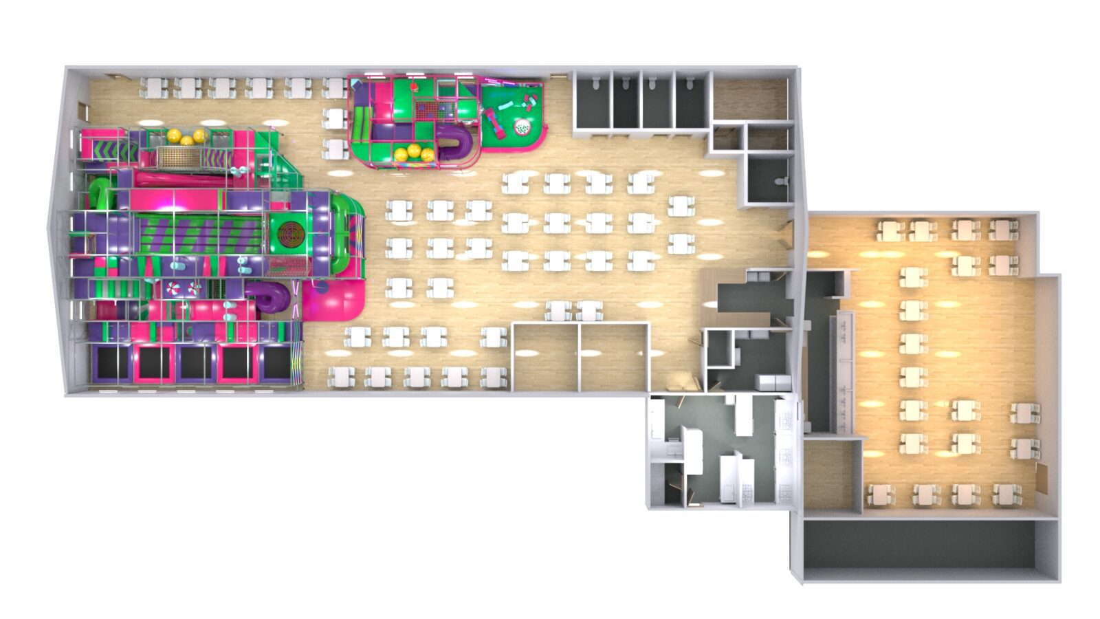 A 3D floor plan render showcasing Fun Factory's softplay and toddler area, detailing the layout of the room including tables, chairs and the indoor softplays.