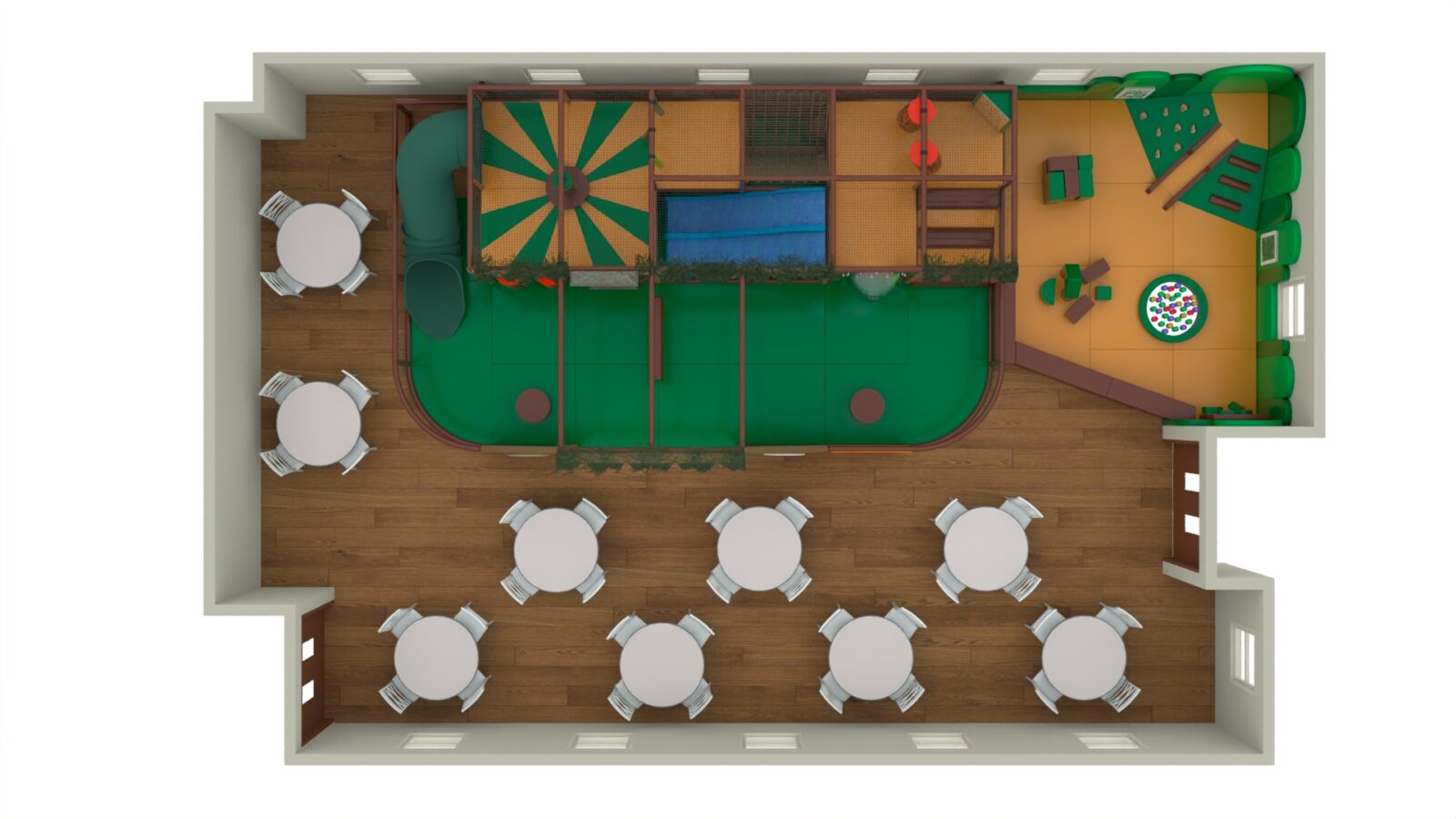 3D Render of the building layout at Hunter's Quest in Magherafelt designed by Play Creations Ltd.